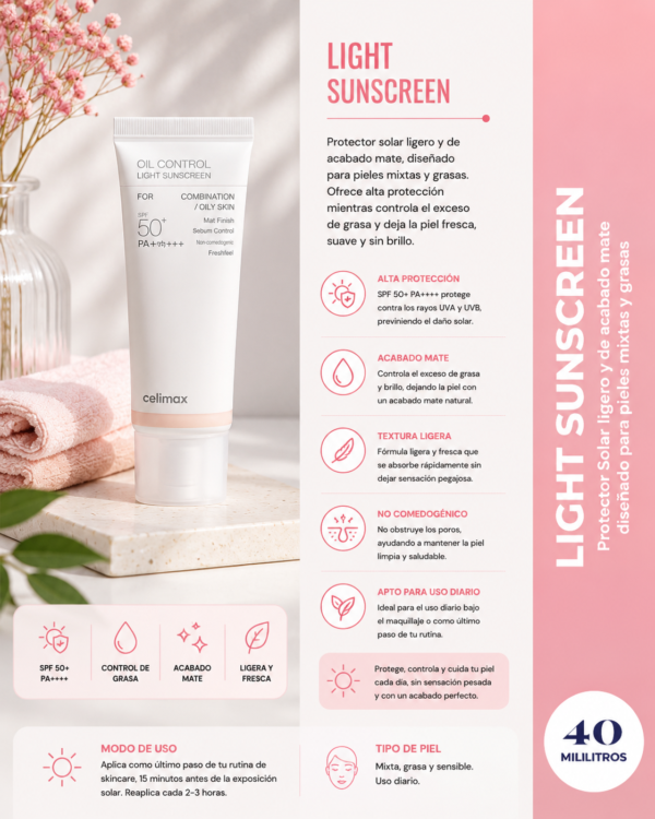 oil control light sunscreen spf50+ pa++++ 40ml celimax