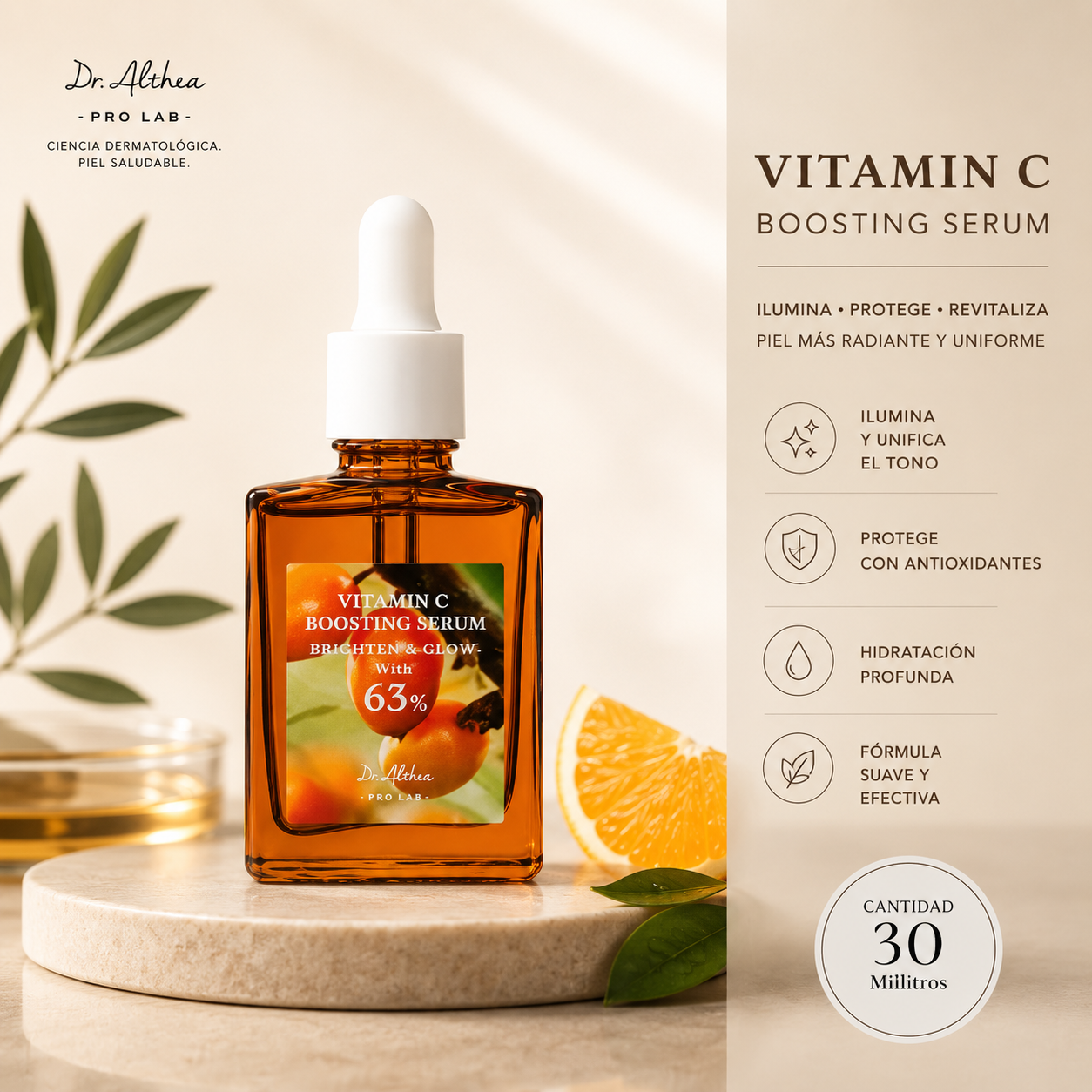 dr. althea vitamin c boosting serum 63% – hidratación, glow y antioxidante 30ml
